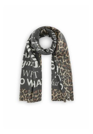 Soft scarf with black and beige leopard print and white bold text on a dark gray background, displayed looped against a white backdrop.