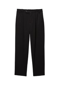 Pantalon noir avec un devant plissé, deux poches latérales, une fermeture à bouton et une coupe droite. Tissu lisse avec une finition mate.