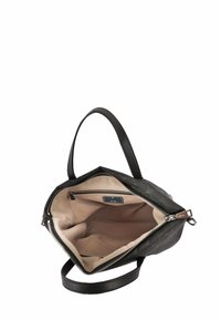 Borsa a tracolla nera in pelle con un'esterno texturizzato, aperta per rivelare un interno beige. Presenta una chiusura con zip e doppio manico.