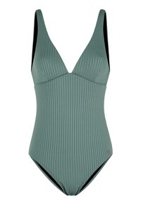 Costume da bagno intero verde a coste con scollo a V profondo, spalline larghe e gambe alte. Texture liscia con un leggero lucido e supporto integrato.