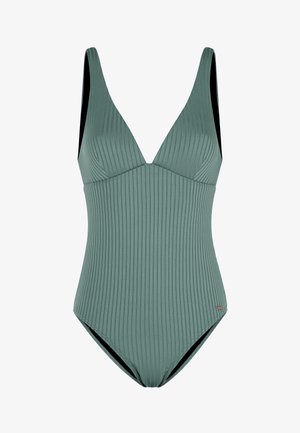 Groen geribbeld badpak met een diepe V-hals, brede banden en hoge uitsnijdingen. Gladde textuur met een subtiele glans en ingebouwde ondersteuning.