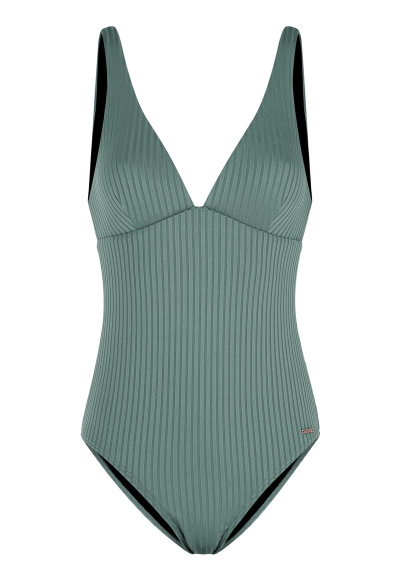 Costume da bagno intero verde a coste con scollo a V profondo, spalline larghe e gambe alte. Texture liscia con un leggero lucido e supporto integrato.