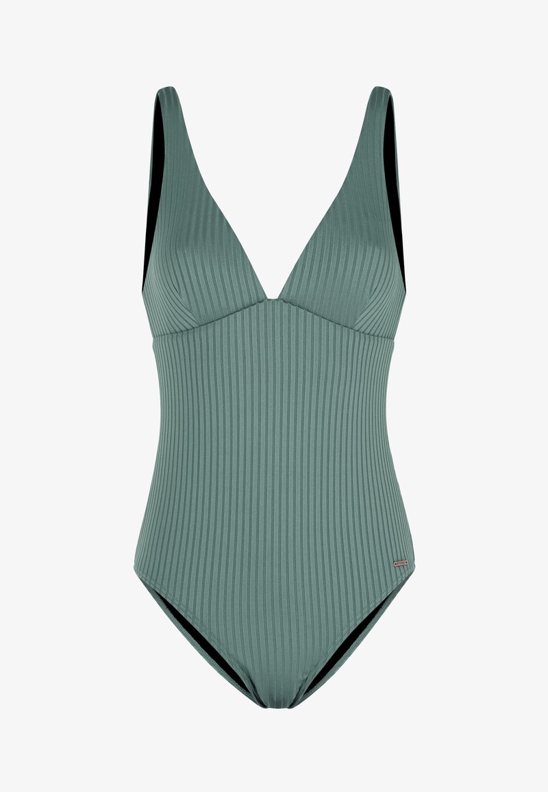 Bañador de una pieza verde con canalé, escote en V profundo, tirantes anchos y piernas de corte alto. Textura suave con un brillo sutil y soporte incorporado.