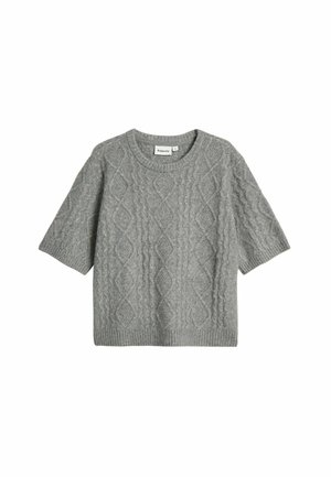 Grå strikket sweater med kabelstrikmønster, korte ærmer og rund halsudskæring. Fremstillet af blødt materiale med struktureret finish.