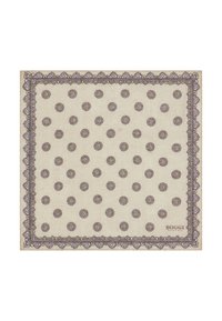 Beige mönstrad scarf med pricka-design, kantad av en spetsliknande trim i brunt och ljusblått, med en logo i hörnet.