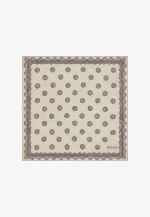 Beige mönstrad scarf med pricka-design, kantad av en spetsliknande trim i brunt och ljusblått, med en logo i hörnet.