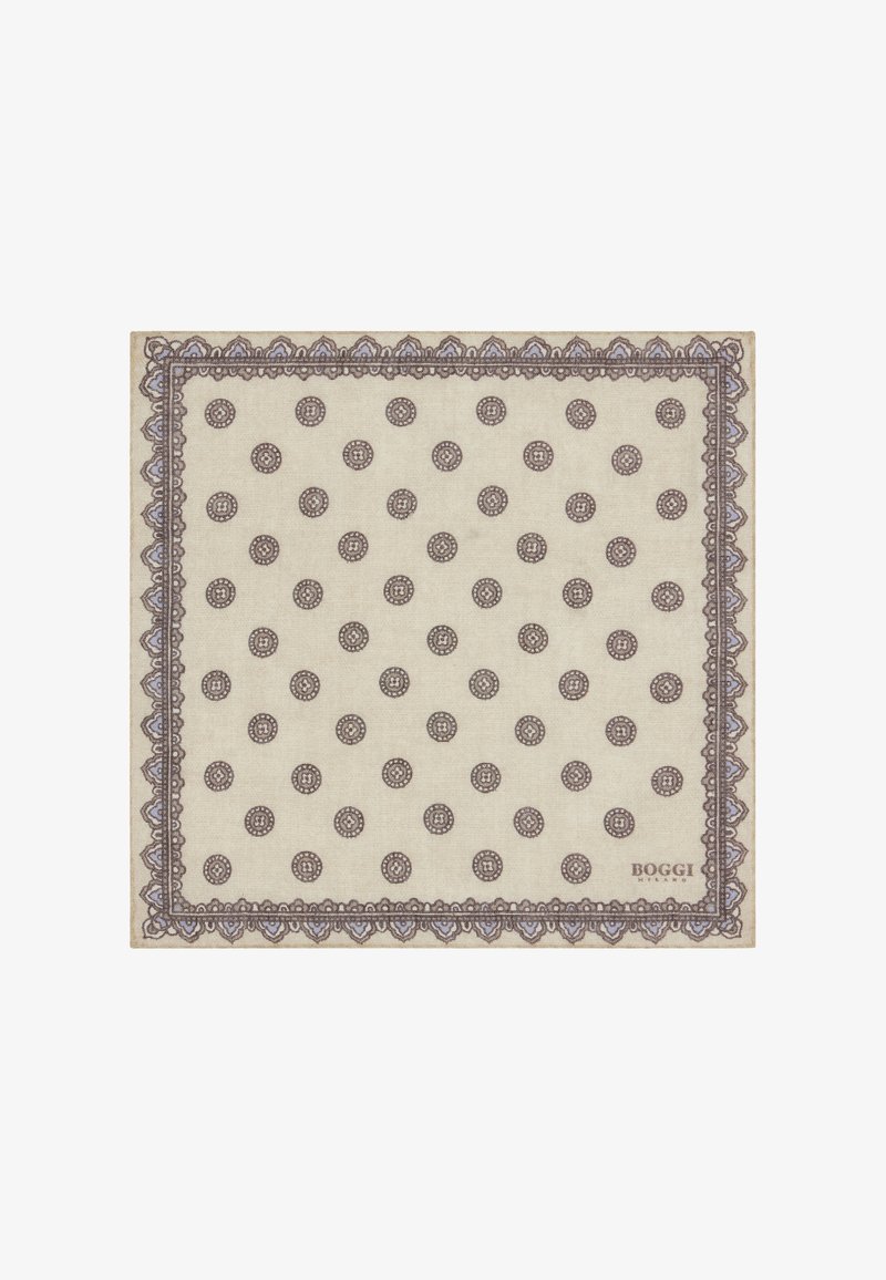 Beige patterned scarf with a polka dot design, bordered by a lace-like trim in brown and light blue, featuring a logo in the corner.