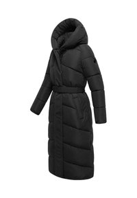 Black puffer coat with a belted waist, high collar, long sleeves, and diamond quilted texture. Zipper front and pockets included.