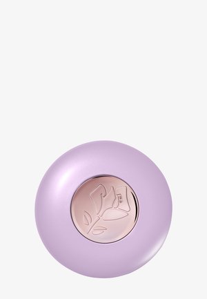 Récipient rond lavande avec un couvercle en or rose brillant embossé d'un motif floral stylisé centré sur un fond blanc.