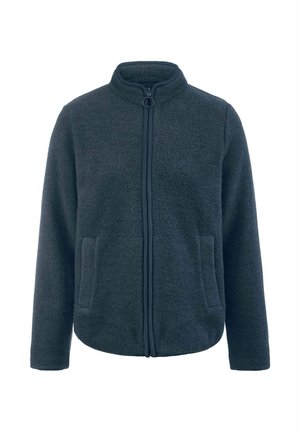Dunkelgraue Fleecejacke mit Stehkragen, Frontreißverschluss und zwei sichtbaren Seitentaschen. Weiche Textur mit glatter Oberfläche.