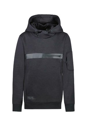 Zwarte hoodie met hoge kraag, verticale ritszak aan de voorkant, koordjes, geribbelde manchetten, mouwzak en kleine logo-tekst aan de onderkant linksvoor.