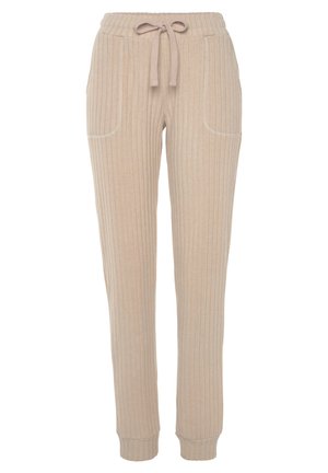 Beige, gerippte Jogginghose mit elastischem Bund, Kordelzug und zwei Seitentaschen. Weicher Stoff, schmal zulaufend am Knöchel.