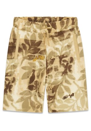 Short beige et marron à motif camouflage avec une taille élastique, un cordon de serrage, des poches latérales et des accents de texte imprimé.