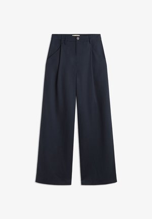 Marineblaue weit geschnittene Hosen mit glatter Textur, Frontfalten, einem klassischen Bund und einem einzelnen Knopfverschluss.