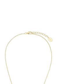 Collana di catena d'oro delicata con chiusura a gancio e catena di estensione. Presenta un piccolo ciondolo rotondo con il nome del marchio.