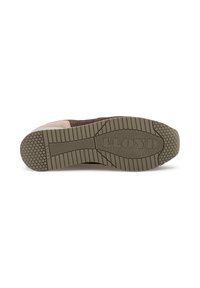 Suola di scarpa con una superficie marrone e texture, caratterizzata da un motivo esagonale e scanalature per la presa, con "ELOYD" impresso al centro.