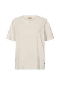 Light beige cotton t-shirt with short sleeves, round neckline, and a small logo tag at the hem. Smooth texture, relaxed fit.