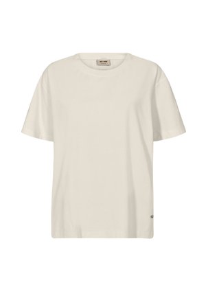 Light beige cotton t-shirt with short sleeves, round neckline, and a small logo tag at the hem. Smooth texture, relaxed fit.