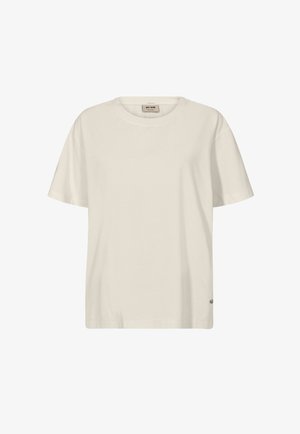 Gai bezkrāsains kokvilnas T-krekls ar īsām piedurknēm, apaļu dekoltē un mazu logotipa etiķeti apakšmalā. Gluda textura, brīva piegriezuma.