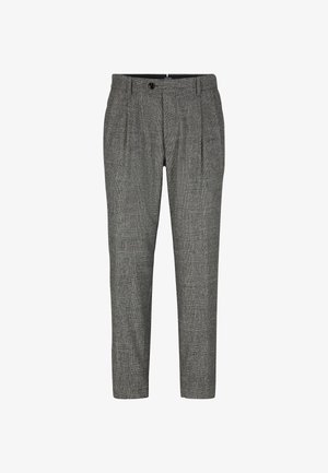 Grau karierte Hose mit tailliertem Design, ausgestattet mit Frontfalten und einem Knopfverschluss, gefertigt aus einem strukturierten Stoff für zusätzliche Details.