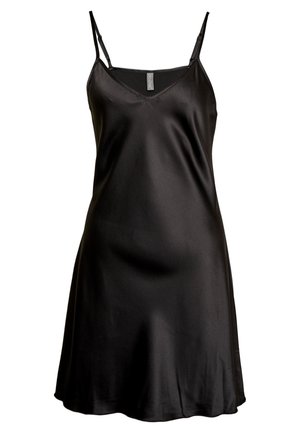 Abito slip in satin nero con spalline regolabili, scollatura a V e una silhouette fluida che si drappeggia delicatamente. Texture liscia e lucida.