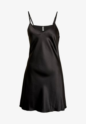 Black satin slip dress with adjustable spaghetti straps, V-neckline, and a flowing silhouette that drapes gently. Smooth, shiny texture.