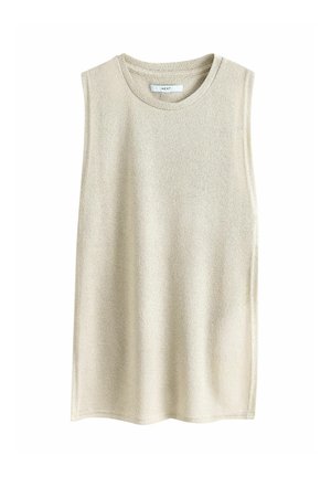 Top a maglia senza maniche beige con scollo rotondo e orlo dritto, mostrato su sfondo bianco.