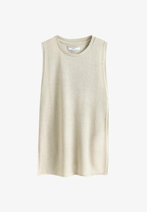 Beige ærmeløs striktop med rund halsudskæring og lige kant, vist på en hvid baggrund.