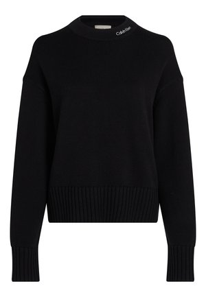 Maglione nero a maglia con scollo alto a costine, spalle scese e polsini e orlo a costine. Presenta il logo "Calvin Klein" sul colletto.