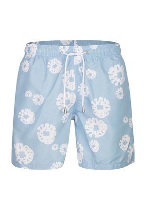 Hellblaue Badeshorts mit weißen kreisförmigen abstrakten Mustern und einem weißen Tunnelzugbund mit Metallenden.