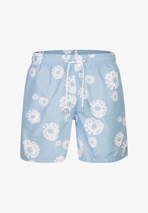 Lichtblauwe zwembroek met witte cirkelvormige abstracte patronen en een witte tailleband met trekkoord en metalen uiteinden.