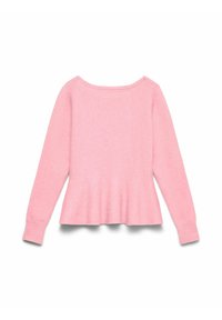 Pull long rose pâle à manches longues avec un col rond et des poignets côtelés, présenté à plat sur un fond blanc.