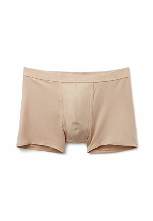 Beige boxer briefs made of soft, stretchy fabric, featuring a contoured pouch and elastic waistband, designed for comfort and fit.