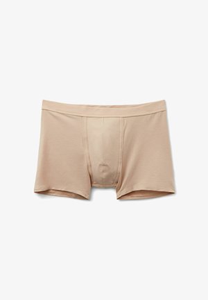 Beige Boxershorts aus weichem, dehnbarem Stoff mit einer konturierten Tasche und einem elastischen Bund, entworfen für Komfort und Passform.