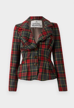 Red and black plaid jacket with a tailored fit, large lapels, and three brown buttons on the front. Lined interior, Vivienne Westwood label visible.