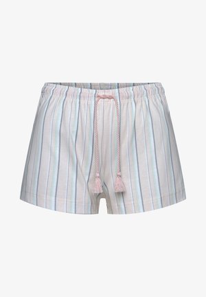 Hlače od mekog, laganog materijala; s vertikalnim pastelnim prugama u plavoj, zelenoj i bež boji, uz ružičastu vezicu i rese.