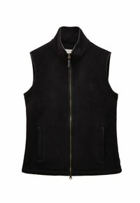 Melna vilnas veste ar augstu apkakli, priekšējo rāvējslēdzēju un divām sānu kabatām ar rāvējslēdzējiem. Viegls audums ar gludu tekstūru un bez rakstiem.