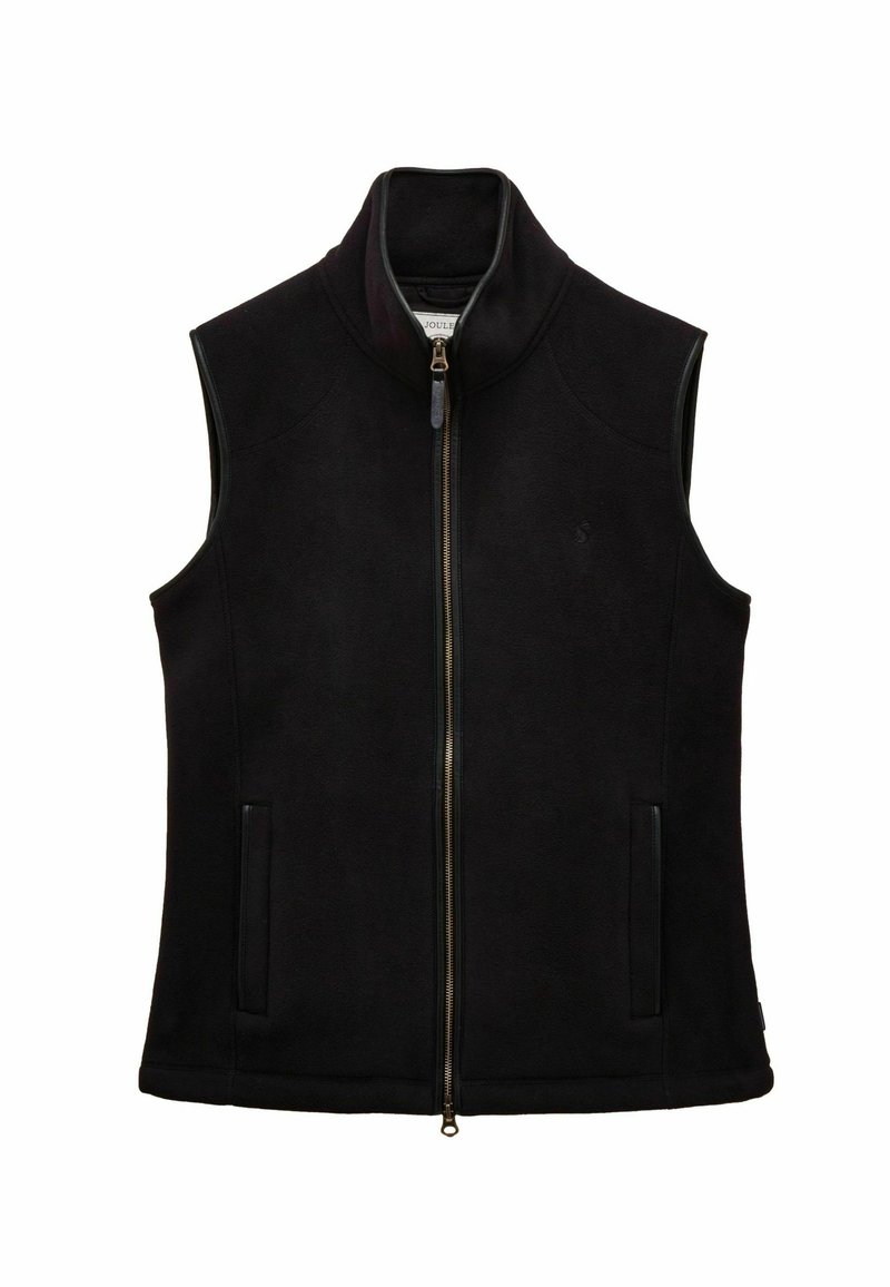 Melna vilnas veste ar augstu apkakli, priekšējo rāvējslēdzēju un divām sānu kabatām ar rāvējslēdzējiem. Viegls audums ar gludu tekstūru un bez rakstiem.
