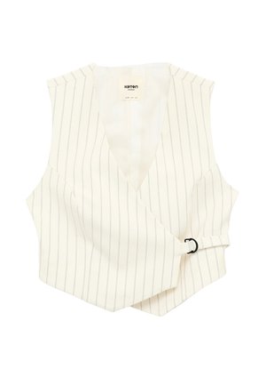 Crèmekleurig mouwloos vest met dunne verticale strepen en een sluiting met een gesp aan de zijkant, met een V-hals en een getailleerde pasvorm.
