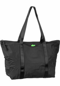 Borsa tote in nylon nera con doppie maniglie nere, chiusura con zip e un piccolo logo verde sul davanti. Texture liscia con un ampio interno.