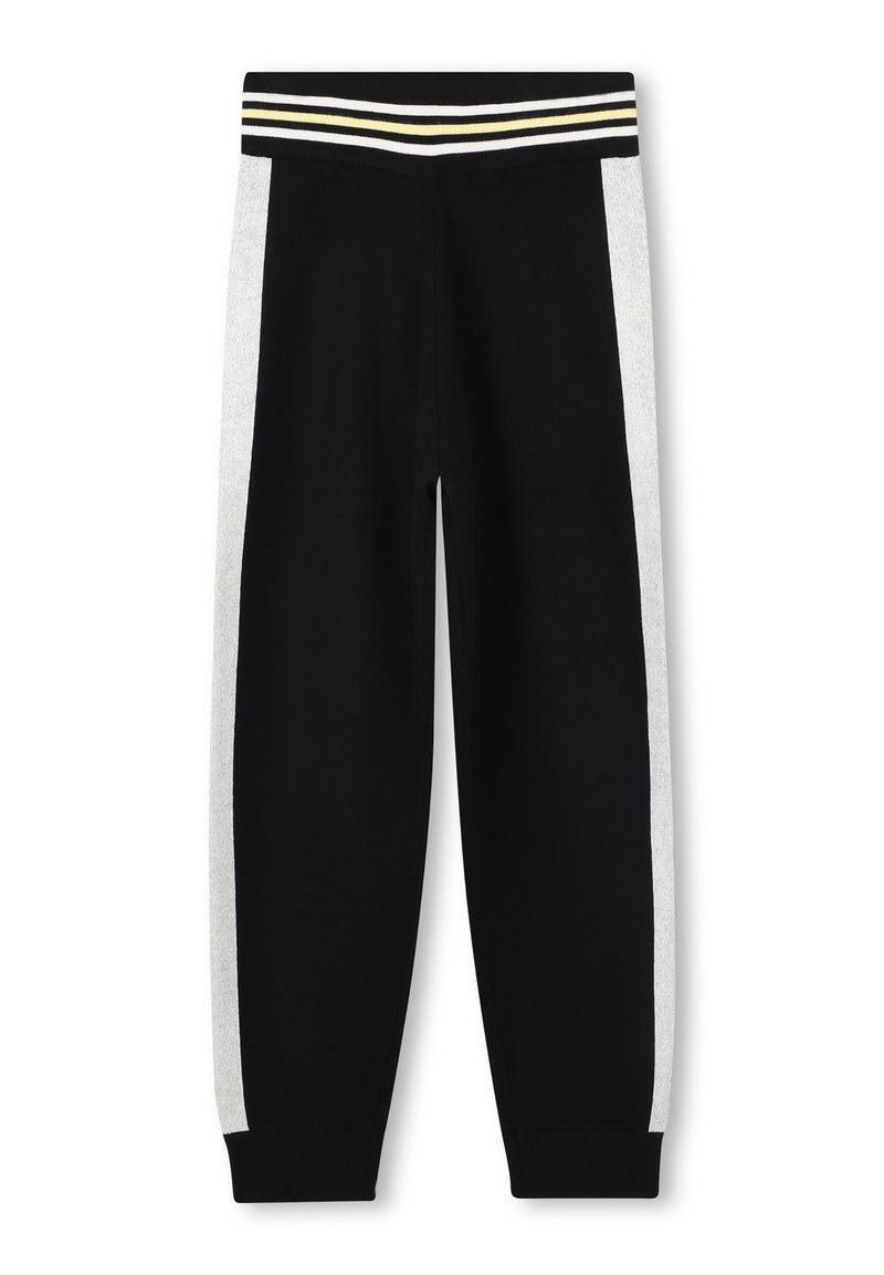 Zwarte sweatpants met grijze zijpanelen en een gestreepte tailleband in zwart, wit en geel. Heeft een relaxte pasvorm en een taps toelopend ontwerp.