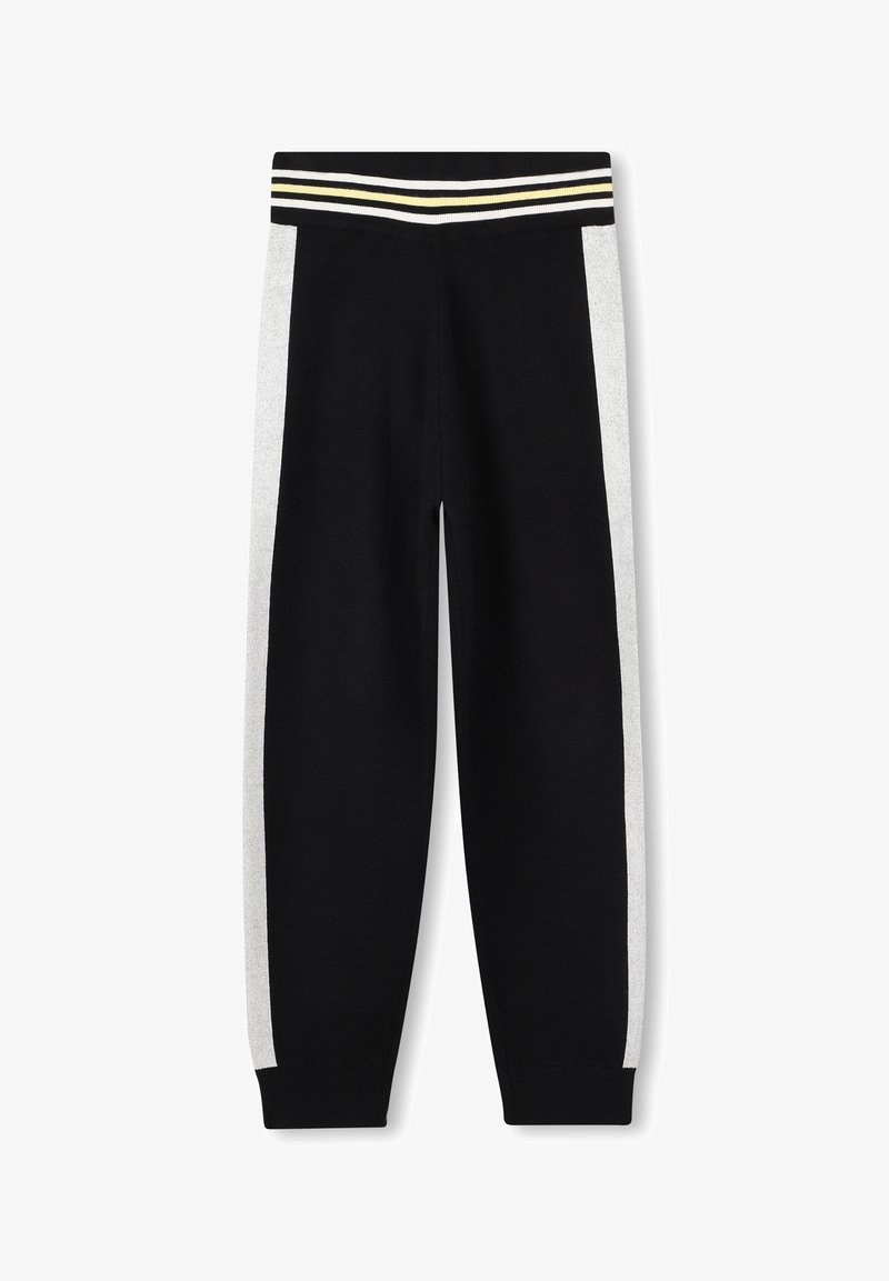 Zwarte sweatpants met grijze zijpanelen en een gestreepte tailleband in zwart, wit en geel. Heeft een relaxte pasvorm en een taps toelopend ontwerp.