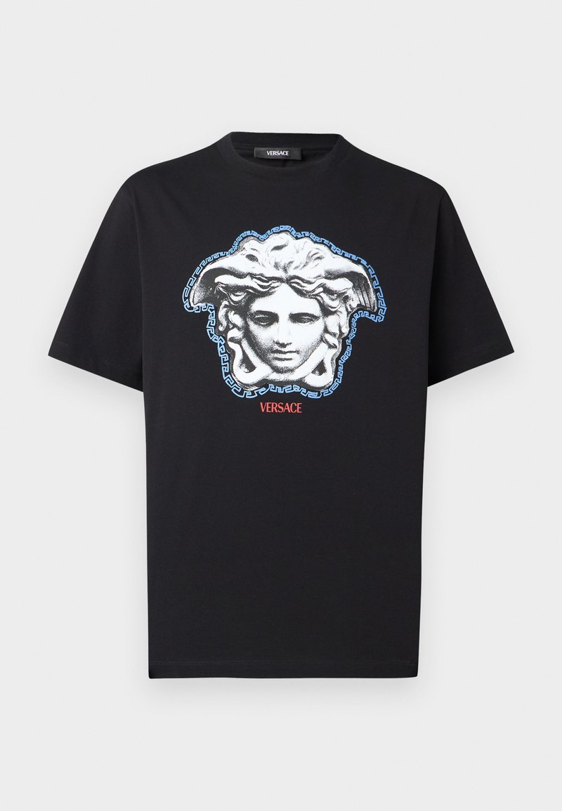 Black cotton t-shirt featuring a prominent Medusa head graphic in gray and blue with a Greek key pattern, and "VERSACE" text in red.