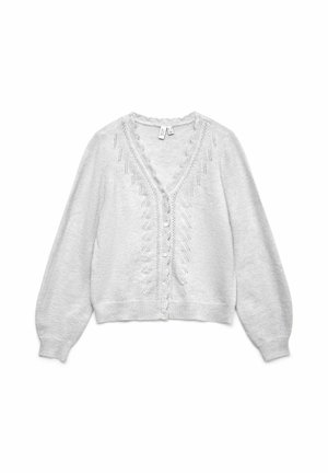 Light gray knitted cardigan with a V-neck, long sleeves, decorative buttons, and delicate patterns along the edges. Soft texture.