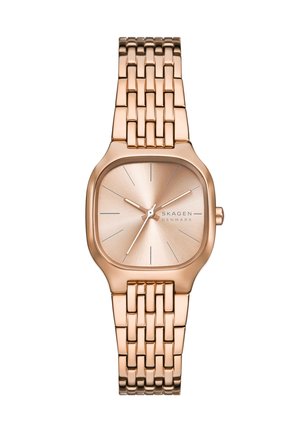 Skagen polshorloge in roségoud met een vierkante wijzerplaat, minimalistische wijzerplaat zonder cijfers en een metalen schakelband.