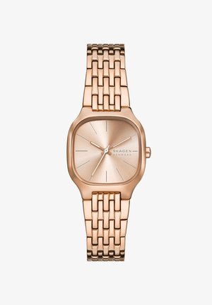 Skagen polshorloge in roségoud met een vierkante wijzerplaat, minimalistische wijzerplaat zonder cijfers en een metalen schakelband.