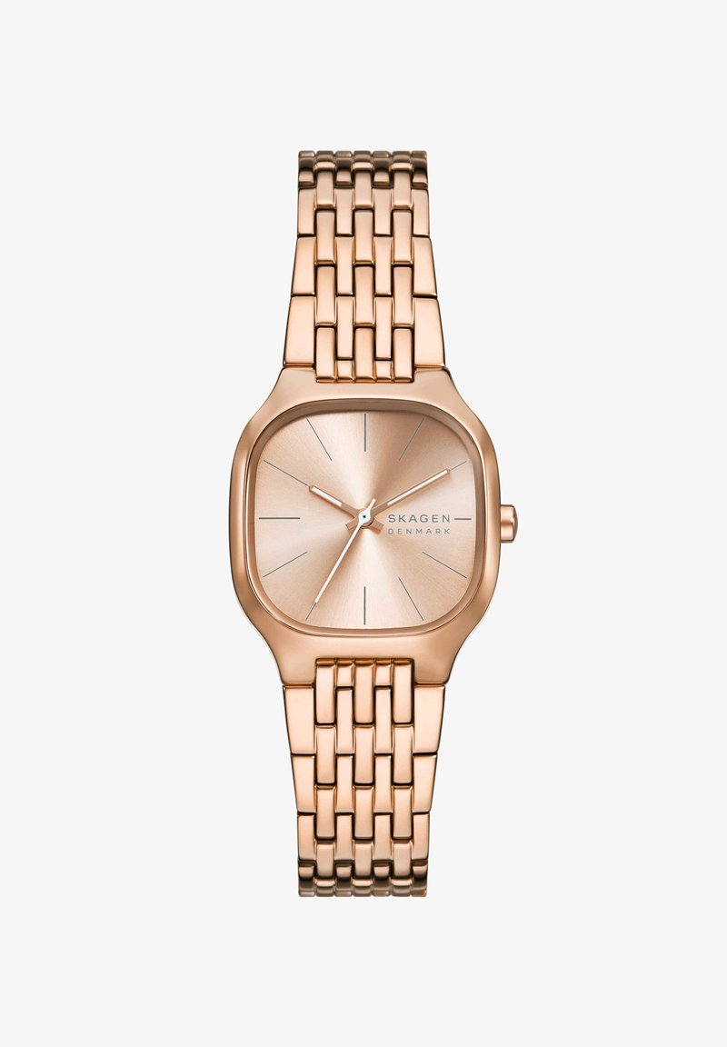 Skagen polshorloge in roségoud met een vierkante wijzerplaat, minimalistische wijzerplaat zonder cijfers en een metalen schakelband.