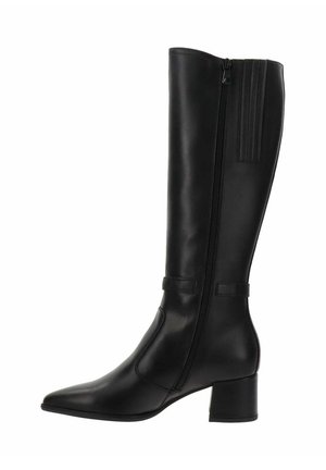 Schwarze kniehohe Lederstiefel mit spitzer Zehe, seitlichem Reißverschluss und Blockabsatz. Sie verfügen über eine glatte Textur und ein dezentes vertikales Streifenmuster.