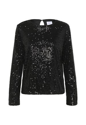 Must mustriga pikkade varrukatega top, mis on kaetud sädelevateDetailidega, ümarate kaelusega ja väikese lõikega seljaosal. Sile tekstuur ja keha järgiv siluett.