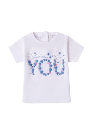 Camiseta de algodón blanca con un diseño impreso colorido de corazones azules y rosas que dice "Dulce como TÚ". Mangas cortas y cuello redondo.